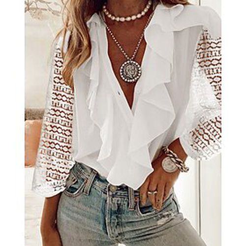 Women's Blouse Shirt White Ruffle Patchwork Plain Daily Weekend Long Sleeve V Neck Streetwear Casual Regular S - Ador ES - Modalova