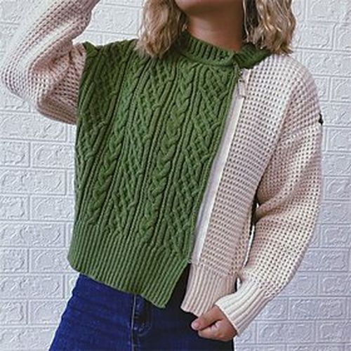 Women's Cardigan Sweater Jumper Cable Knit Zipper Knitted Crew Neck Color Block Outdoor Daily Stylish Casual Winter Fall Army Green Khaki S M L - Ador ES - Modalova