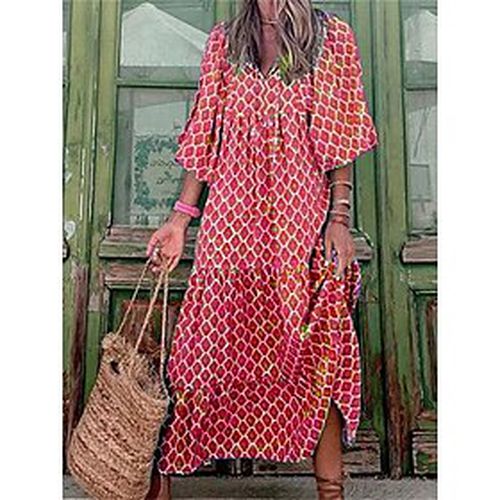 Women's Casual Dress Boho Dress Long Dress Maxi Dress Bohemian Casual Geometric Ruffle Print Outdoor Daily Vacation V Neck Long Sleeve Dress Loose Fit - Ador.com UK - Modalova