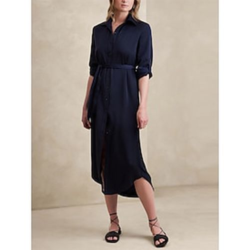 Satin Lace Up Button Casual Midi Shirt Dress - Ador - Modalova