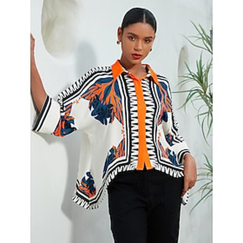 Women's Satin Silk Shirt Plaid / Striped / Chevron / Round Flower / Plants Daily Wear Magyar Sleeve Black Color Block Printing Geometrical 3/4-Length - Ador.com - Modalova