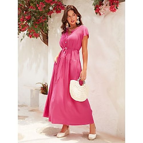 Women's Cotton Linen Rose Red Pink Dress Button Down Tie Waist Collar Pleated Maxi Dress - Ador - Modalova