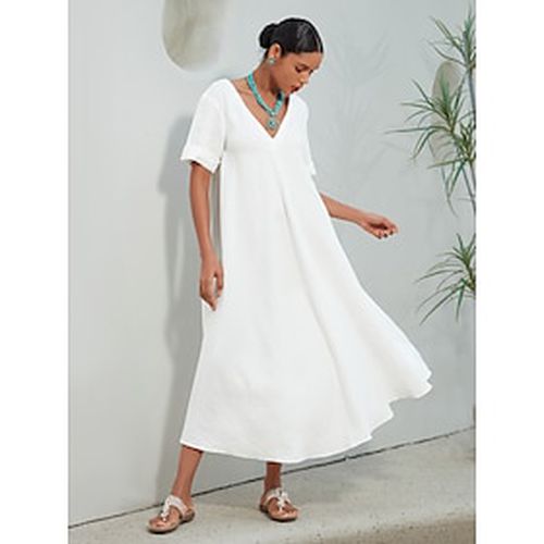 Women's Linen Blend White V Neck A Line Maxi Dress - Ador - Modalova