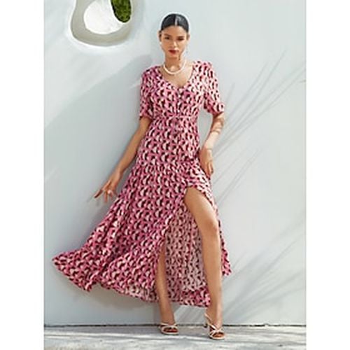 Women's Resort Wear Long Dress Maxi Dress Pink Short Sleeve Geometic Drawstring Spring Summer V Neck beach vacation XS S M - Ador - Modalova