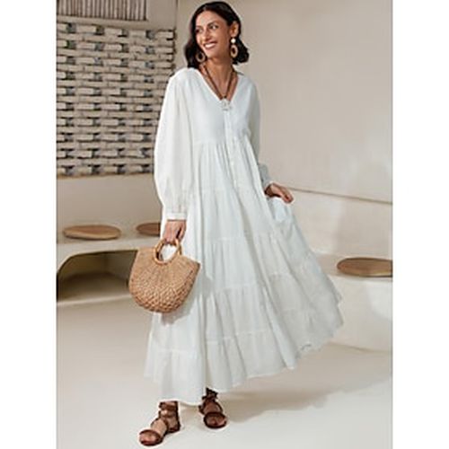 Women's Linen Cotton Blend White Dress Button V Neck Solid Color Boho Maxi Dress - Ador - Modalova