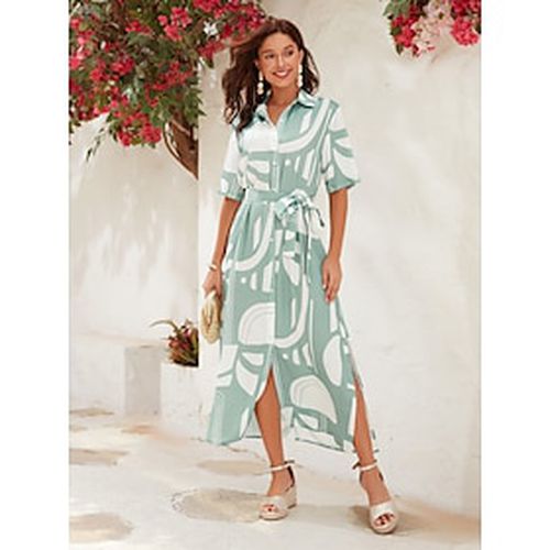 Satin Geometric Belted Short Sleeve Maxi Dress - Ador.com - Modalova
