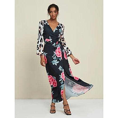 Satin Floral Leopard Print Short Sleeve V Neck Maxi Dress - Ador.com - Modalova