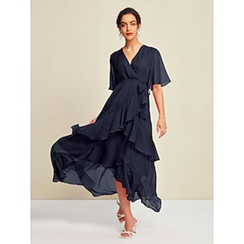 Chiffon Solid Wedding Guest Mismatched Ruffle Sleeve Maxi Dress - Ador - Modalova