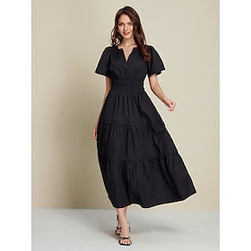 Women's Wedding Guest Black Dress Cotton Maxi Dress Essential Casual V-Neck Cinched Waist Shirred Layered Dress - Ador.com - Modalova