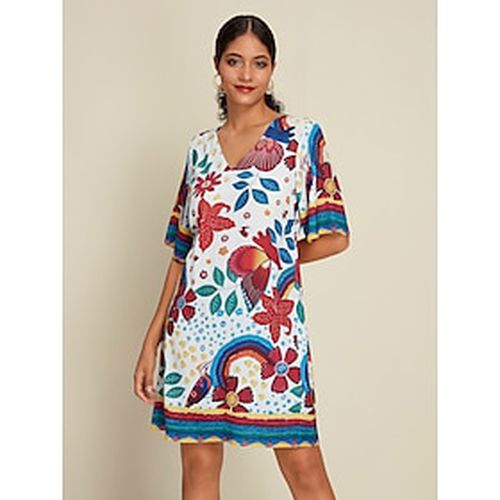 Satin Floral Print Half Sleeve V Neck Mini Dress - Ador - Modalova