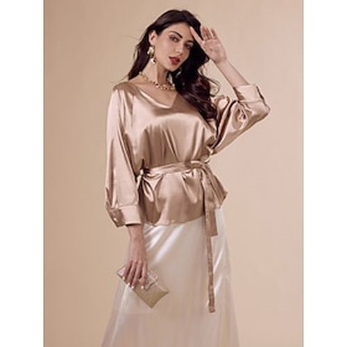 Satin Gold Belted V Neck Elegant Blouse - Ador - Modalova