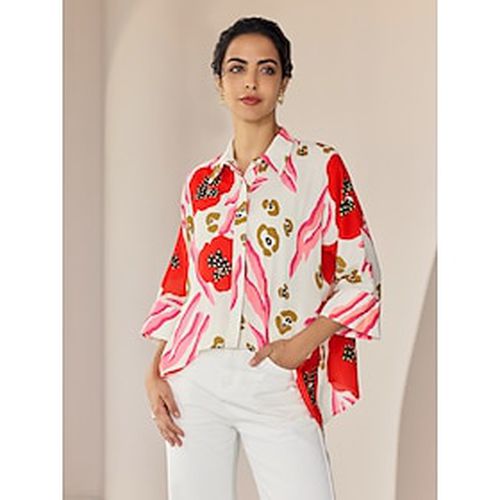 Floral Magyar Sleeve Irregular Hem Shirt Collar Casual Daily Shirt - Ador - Modalova