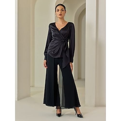 Satin Tuxedo Formal Party Lantern Sleeve Black Elegant V Neck Blouse Chiffon Full Length Elegant Casual Daily Pants Two Piece Sets - Ador - Modalova