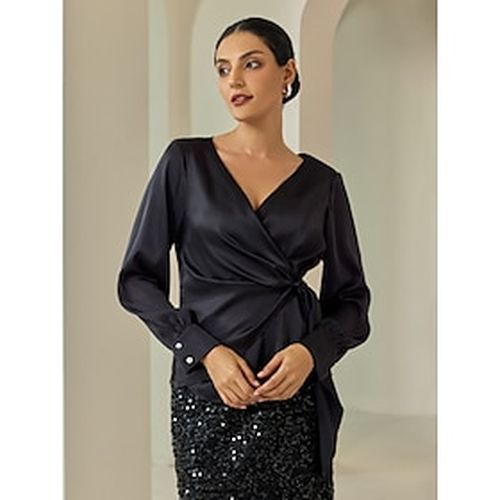 Satin Lantern Sleeve Black Elegant V Neck Blouse - Ador.com - Modalova