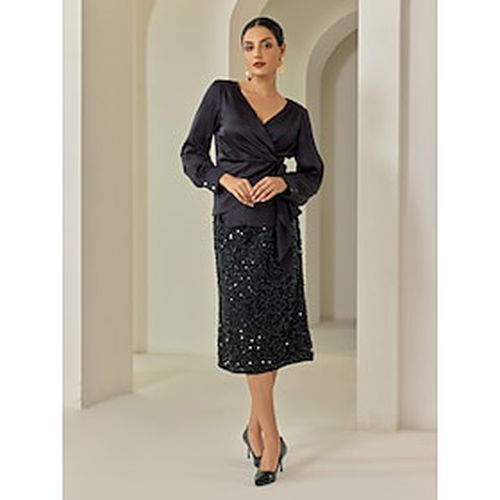 Satin Elegant V Neck Blouse Sequined Black Skirt Two Piece Set - Ador - Modalova