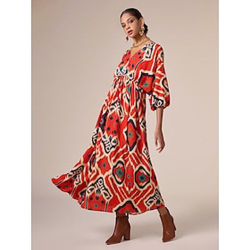 Loose Folk Drawstring Printing Vacation Maxi Dress - Ador - Modalova