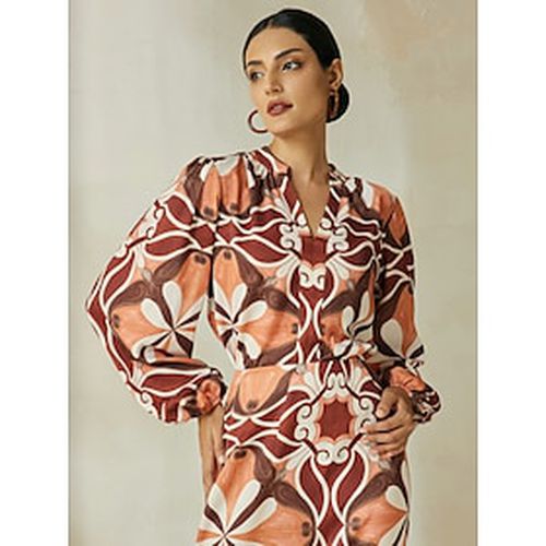 Satin Bohemia Split Neck Lantern Sleeve Blouse - Ador.com - Modalova