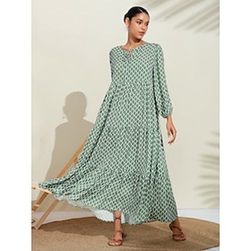 Women's A Line Dress Hem Maxi Maxi Dress Green Long Sleeve Geometic Geometrical Geometrical Spring V Neck Pattern Dress Simple fashion style Vacation - Ador.com - Modalova