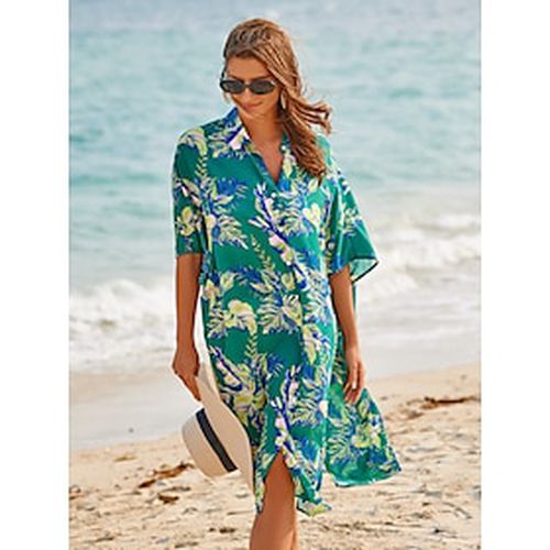 Women's Resort Wear Midi Dress Green Short Sleeves Leaf Sexy Spring Summer Shirt Collar beach vacation S M L - Ador - Modalova