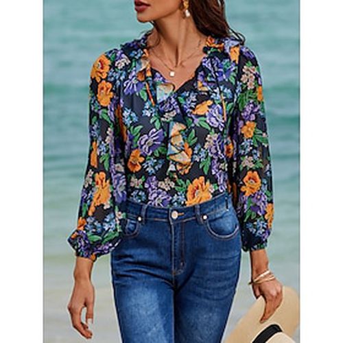 Women's Floral Ruffle Balloon Sleeve Chiffon Shirt Blouse V Neck Blouse with Tassel Ties - Ador.com - Modalova