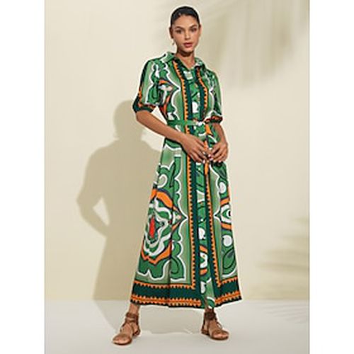 Women's Shirt Dress Maxi Dress Green Short Sleeve Geometic Button Up Belted Summer Lapel Dresses S M L - Ador.com - Modalova