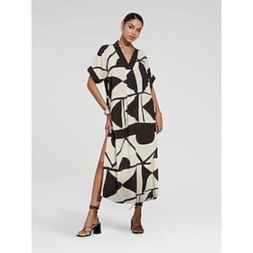 Women's White Short Sleeve Geometric Black and White Geometrical V Neck Loose Fit Double Slit Spring Summer Spring and Summer Geometric Pattern Comfor - Ador.com - Modalova