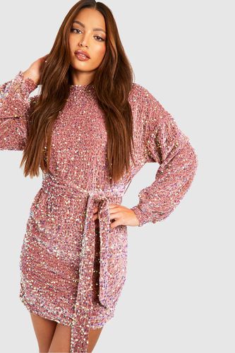 Womens Tall Sequin Velvet Belted Dress - - 16 - boohoo - Modalova