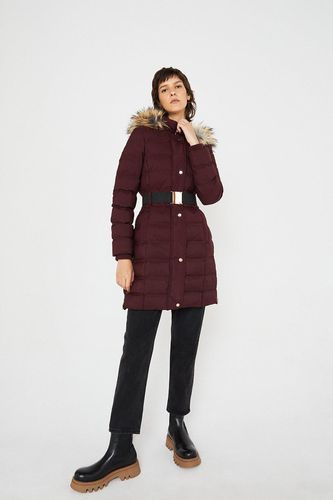 Womens Belted Zip Front Fur Hooded Midi Padded Coat - - 10 - Warehouse - Modalova