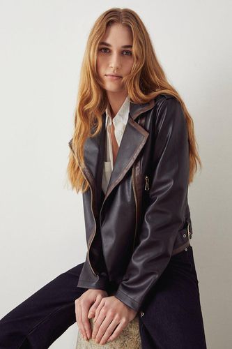 Womens Faux Leather Contrast Trim Biker - - 6 - Warehouse - Modalova