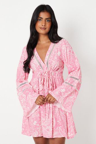 Womens Paisley Tie Front Kimono Sleeve Tiered Crinkle Mini Dress - - 14 - Oasis - Modalova