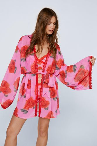 Womens Mesh Contrast Lace Trim Rose Print Mini Gown - - 8 - Nasty Gal - Modalova