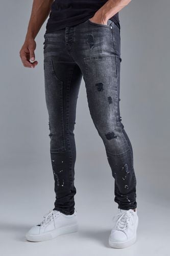 Skinny Stretch Stacked Ripped Carpenter Zip Hem Jeans In - 28R - boohooMAN - Modalova