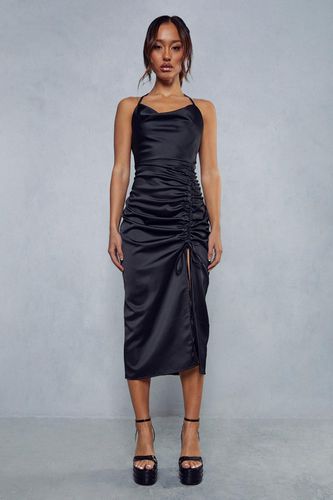 Womens Premium Satin Cowl Neck Ruched Side Midi Dress - - 8 - MISSPAP - Modalova