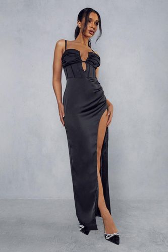 Womens Premium Satin Corseted Plunge Split Leg Maxi Dress - - 6 - MISSPAP - Modalova