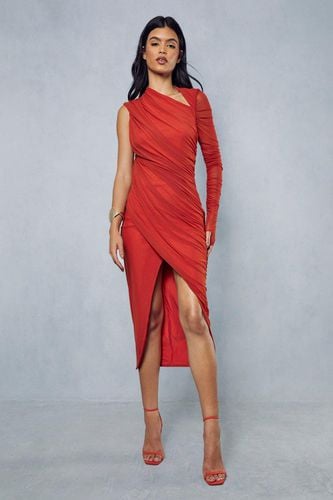 Womens Mesh Ruched Asymmetric One Shoulder Wrap Midi Dress - - 16 - MISSPAP - Modalova