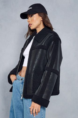 Womens Textured Leather Look Borg Zipped Jacket - - 10 - MISSPAP - Modalova