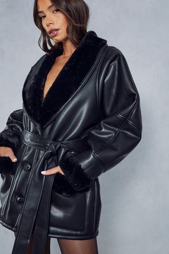 Womens Premium Leather Look Belted Fur Lined Aviator Coat - - 16 - MISSPAP - Modalova