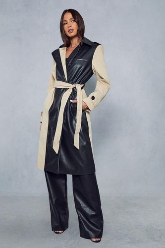 Womens Contrast Woven Leather Look Panelled Trench Coat - - 12 - MISSPAP - Modalova
