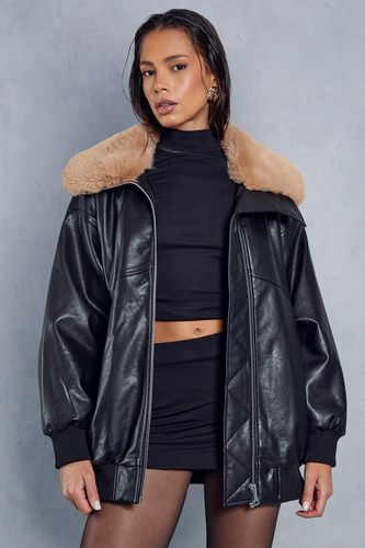 Womens Fur Collar Oversized Leather Look Bomber Jacket - - 10 - MISSPAP - Modalova