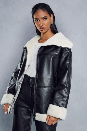 Womens Oversized Collar Leather Look Longline Jacket - - 10 - MISSPAP - Modalova