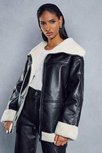 Womens Oversized Collar Leather Look Longline Jacket - - 12 - MISSPAP - Modalova
