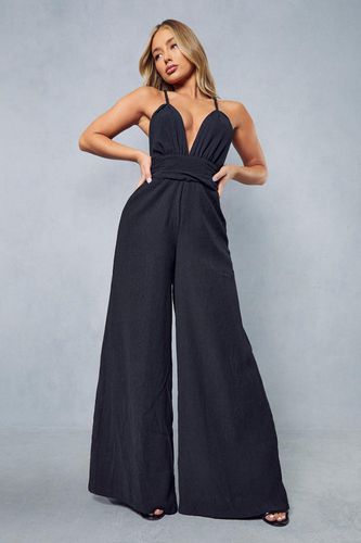 Womens Textured Plunge Plait Strap Wide Leg Jumpsuit - - 16 - MISSPAP - Modalova