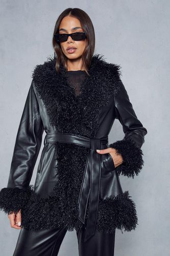 Womens Leather Look Monglian Faux Fur Trim Belted Coat - - 10 - MISSPAP - Modalova