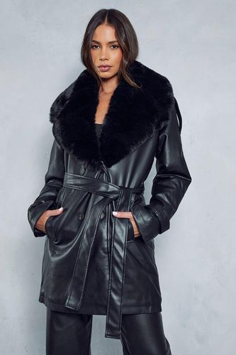 Womens Leather Look Fur Collar Detail Trench Coat - - 10 - MISSPAP - Modalova