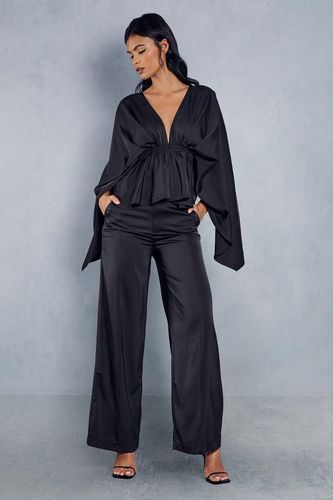 Womens Satin Plunge Exaggerated Sleeve Wide Leg Trouser Co Ord - - 10 - MISSPAP - Modalova