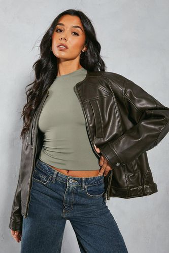 Womens Distressed Leather Look Moto Panelled Jacket - - 14 - MISSPAP - Modalova