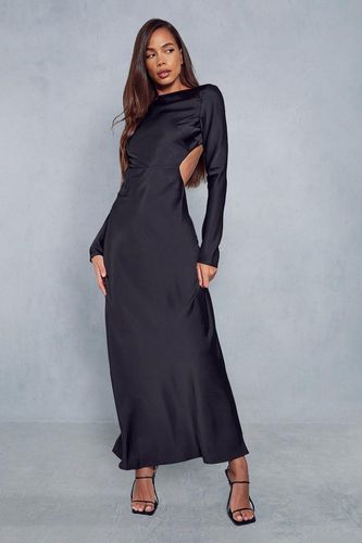 Womens Satin Long Sleeve Backless Slash Neck Maxi Dress - - 10 - MISSPAP - Modalova