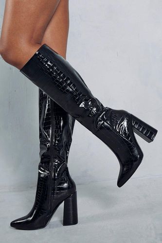 Womens Croc Leather Look Knee High Block Heel Boots - - 3 - MISSPAP - Modalova
