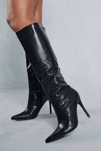 Womens Croc Leather Look Pointed Knee High Boots - - 7 - MISSPAP - Modalova
