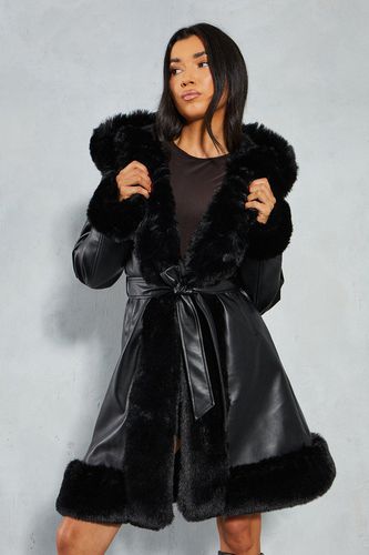 Womens Faux Fur Leather Look Belted Midi Length Coat - - 10 - MISSPAP - Modalova